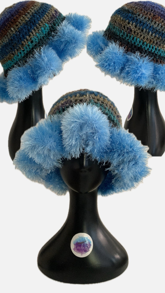 Blue Scape crochet hat with fuzzy eyelash brim