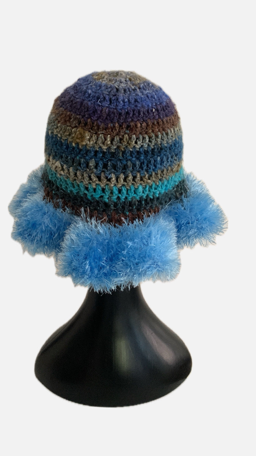 Blue Scape crochet hat with fuzzy eyelash brim