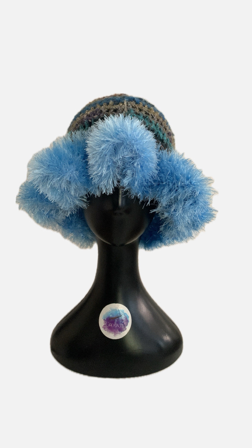 Blue Scape crochet hat with fuzzy eyelash brim