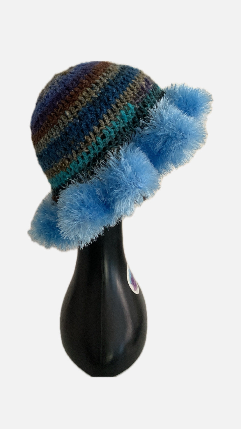 Blue Scape crochet hat with fuzzy eyelash brim