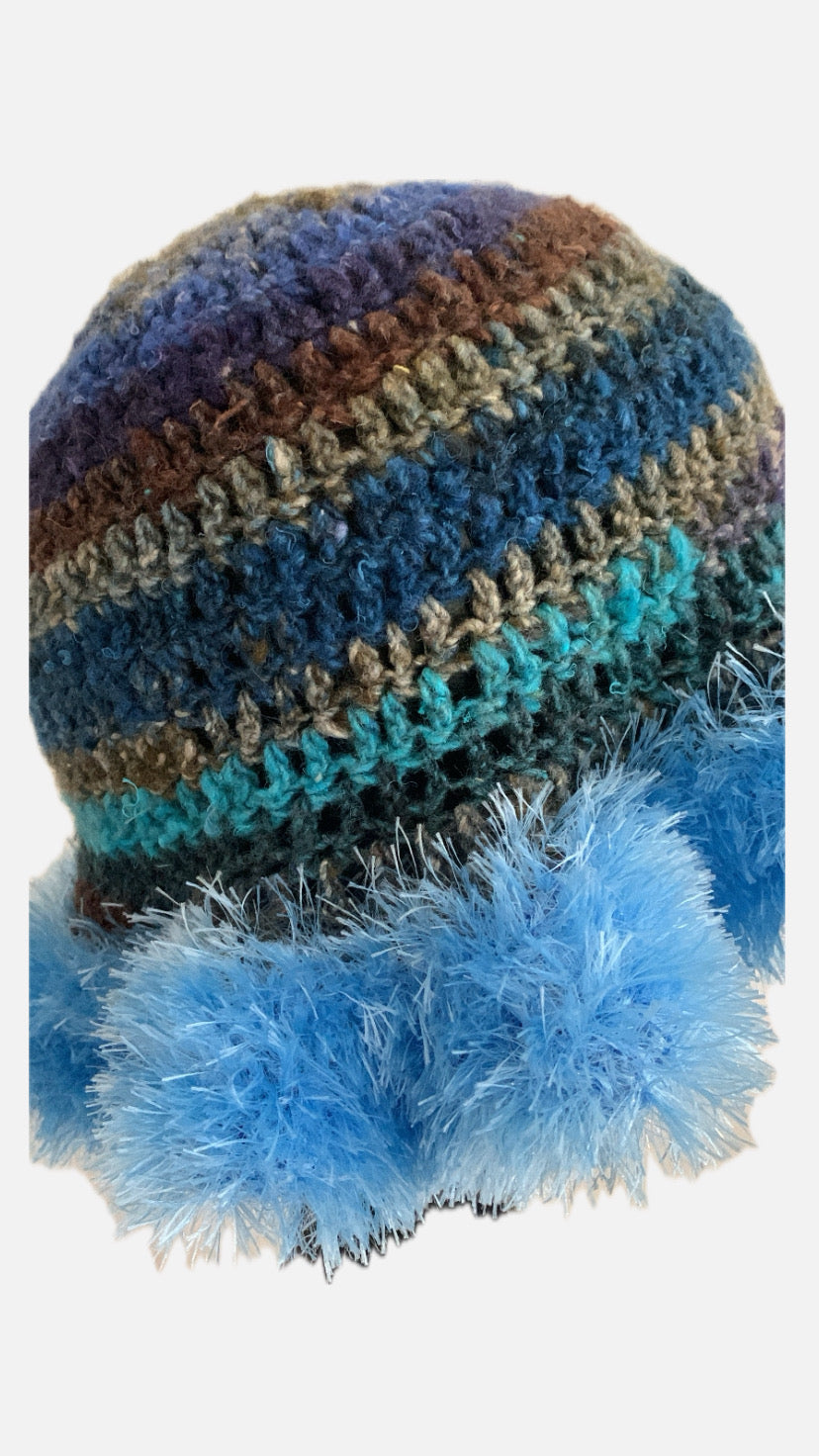 Blue Scape crochet hat with fuzzy eyelash brim