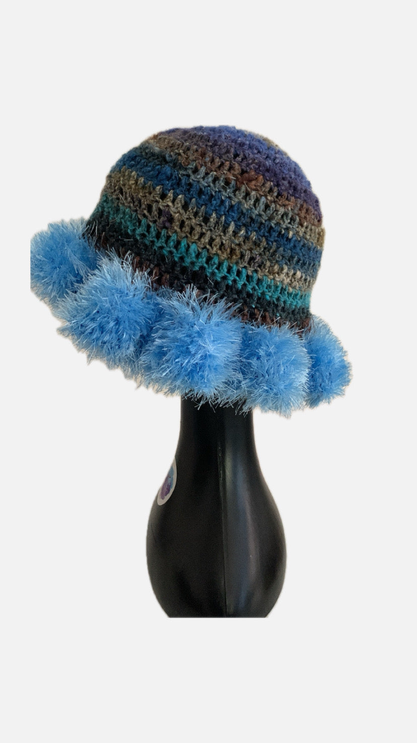 Blue Scape crochet hat with fuzzy eyelash brim