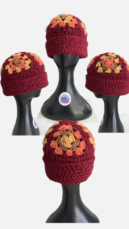 Burgundy Granny Square Beanie
